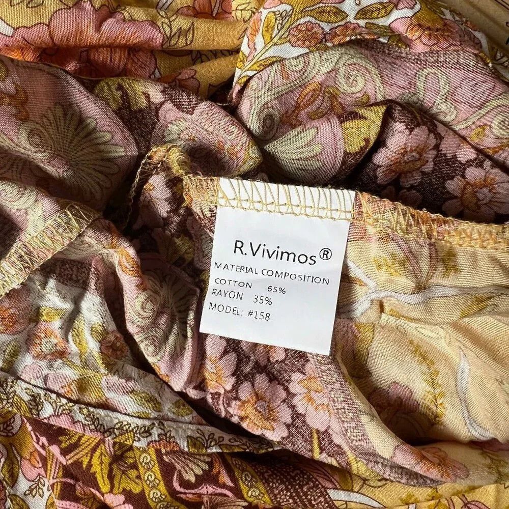 R.Vivimos Women Long Sleeve Floral V Neck Tassel Boho Festival Dress M, Sz 8, 10 - Picture 12 of 13